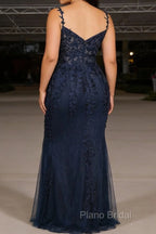 Navy Blue A Line Spaghetti Straps Prom Dress with Appliques