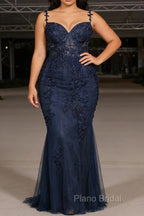 Navy Blue A Line Spaghetti Straps Prom Dress with Appliques
