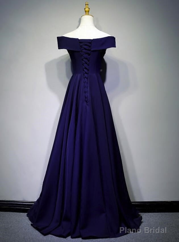 Navy Blue A-line Spandex Long Prom Dress, Off Shoulder Bridesmaid Dress