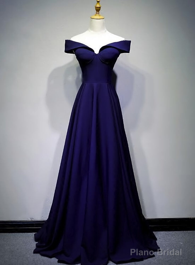 Navy Blue A-line Spandex Long Prom Dress, Off Shoulder Bridesmaid Dress Main image