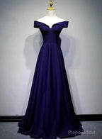Navy Blue A-line Spandex Long Prom Dress, Off Shoulder Bridesmaid Dress