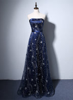 Navy Blue A-Line Tulle Long Formal Evening Dresses, Navy Blue Formal Prom Dresses