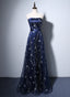 Navy Blue A-Line Tulle Long Formal Evening Dresses, Navy Blue Formal Prom Dresses