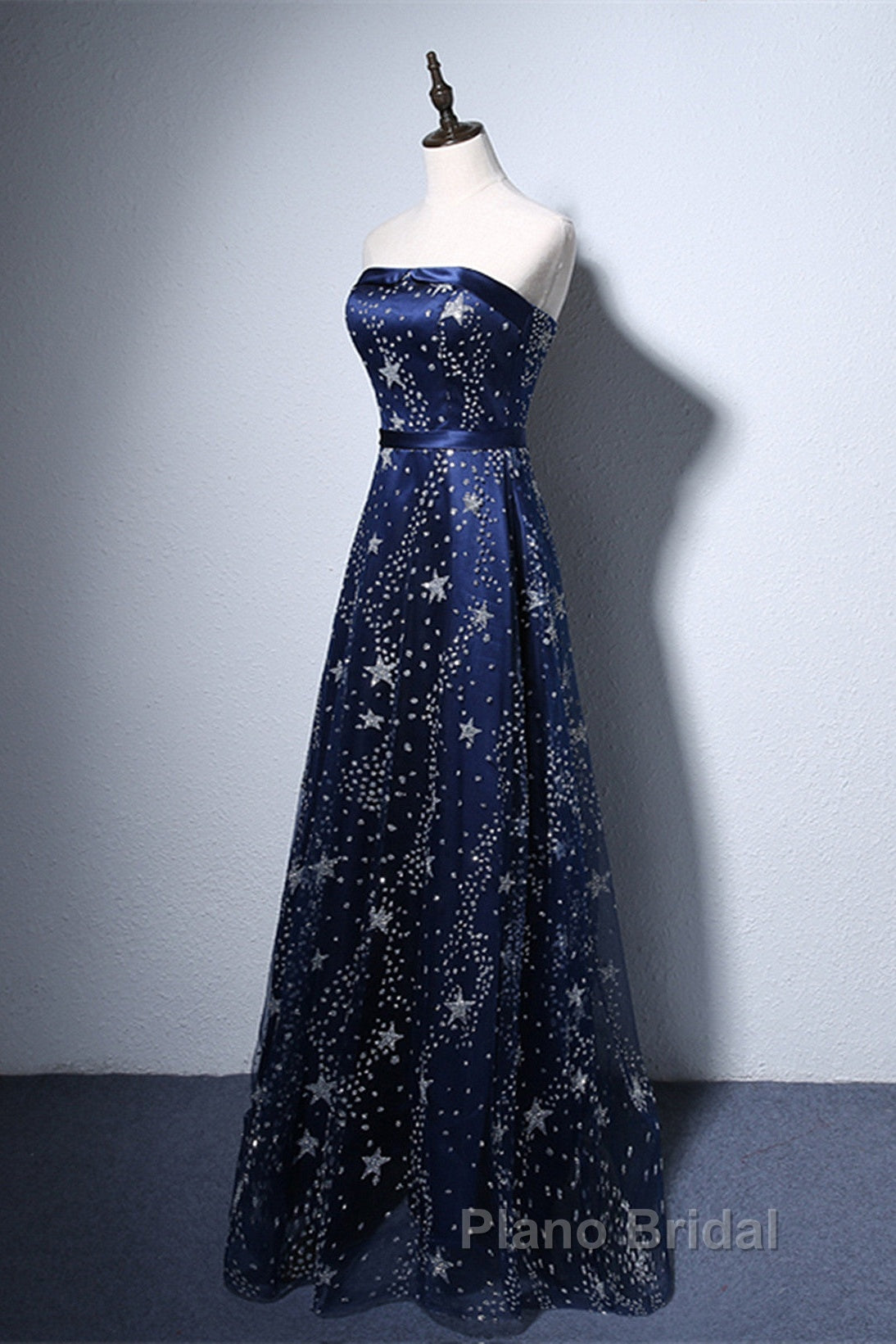 Navy Blue A-Line Tulle Long Evening Dresses, Navy Blue Formal Prom Dresses