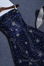 Navy Blue A-Line Tulle Long Evening Dresses, Navy Blue Formal Prom Dresses