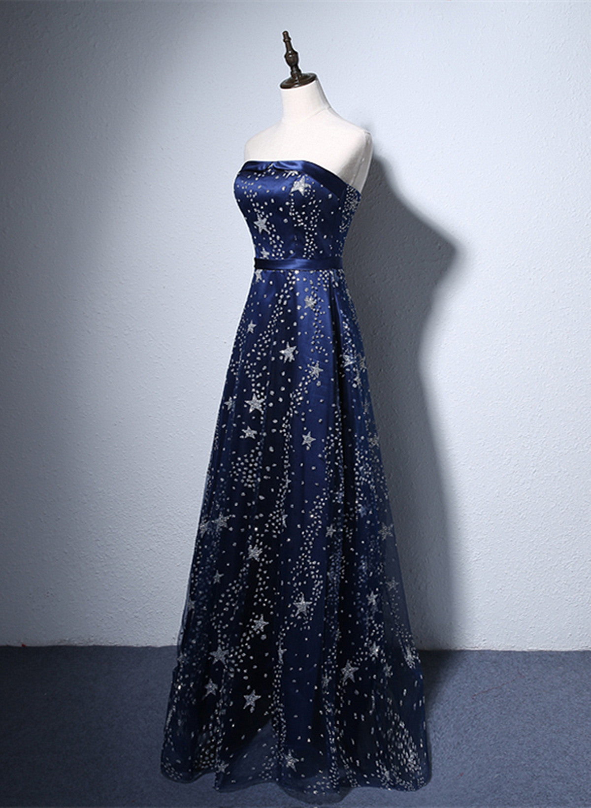 Navy Blue A-Line Tulle Long Formal Evening Dresses, Navy Blue Formal Prom Dresses Secondary image