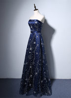 Navy Blue A-Line Tulle Long Formal Evening Dresses, Navy Blue Formal Prom Dresses