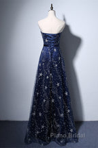 Navy Blue A-Line Tulle Long Evening Dresses, Navy Blue Formal Prom Dresses