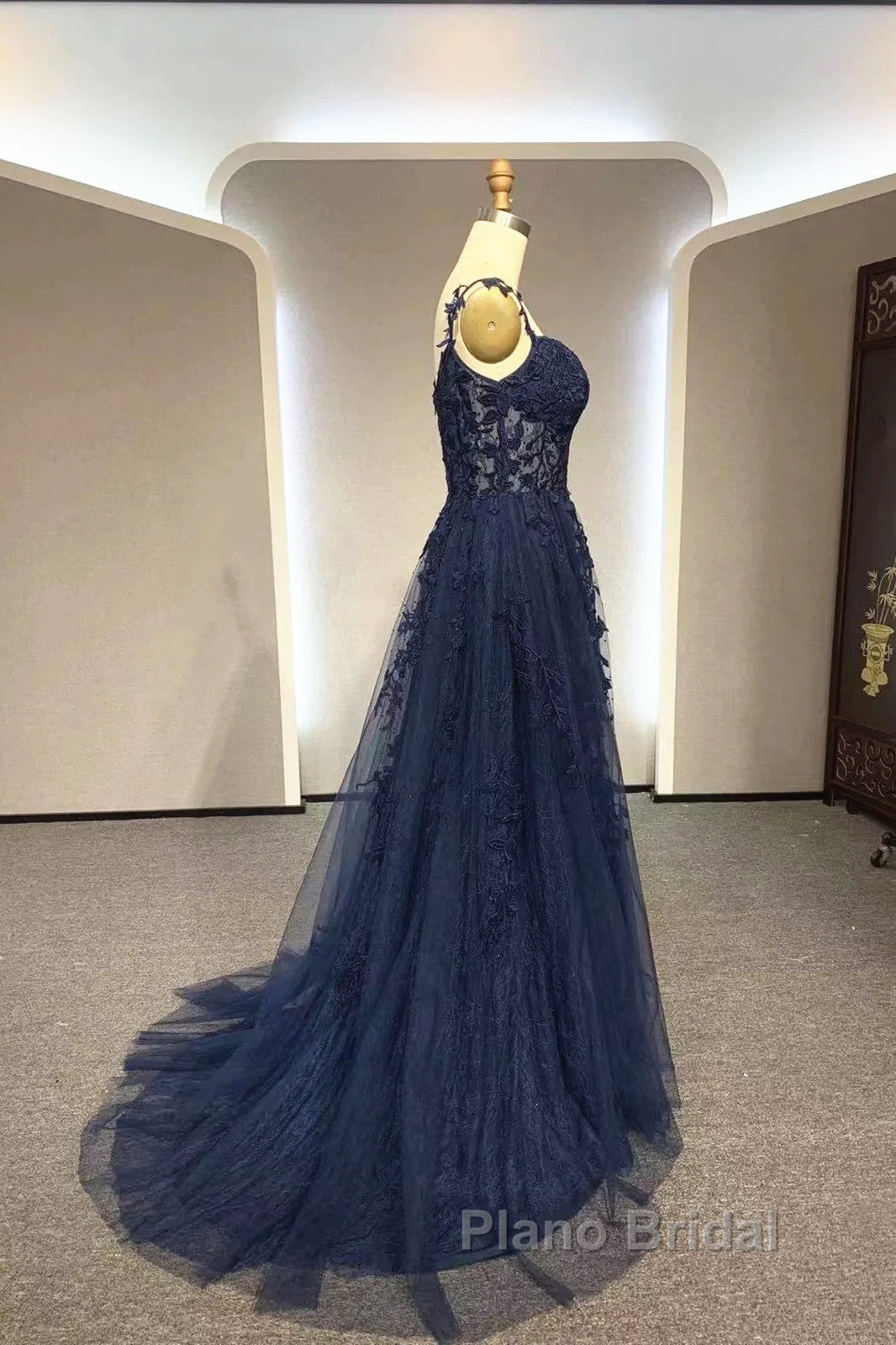 Navy Blue A-Line Tulle With Lace Formal Prom Dresses, Navy Blue Long Party Dresses