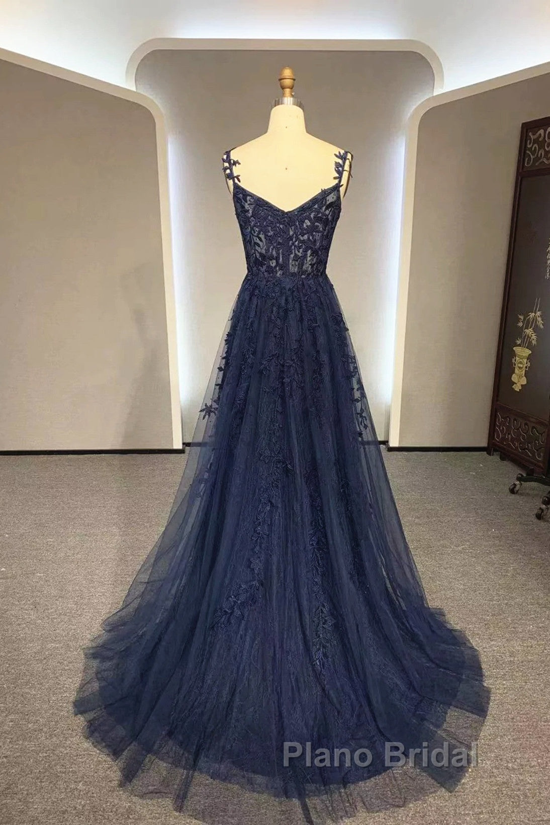 Navy Blue A-Line Tulle With Lace Formal Prom Dresses, Navy Blue Long Party Dresses