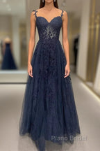 Navy Blue A-Line Tulle With Lace Formal Prom Dresses, Navy Blue Long Party Dresses