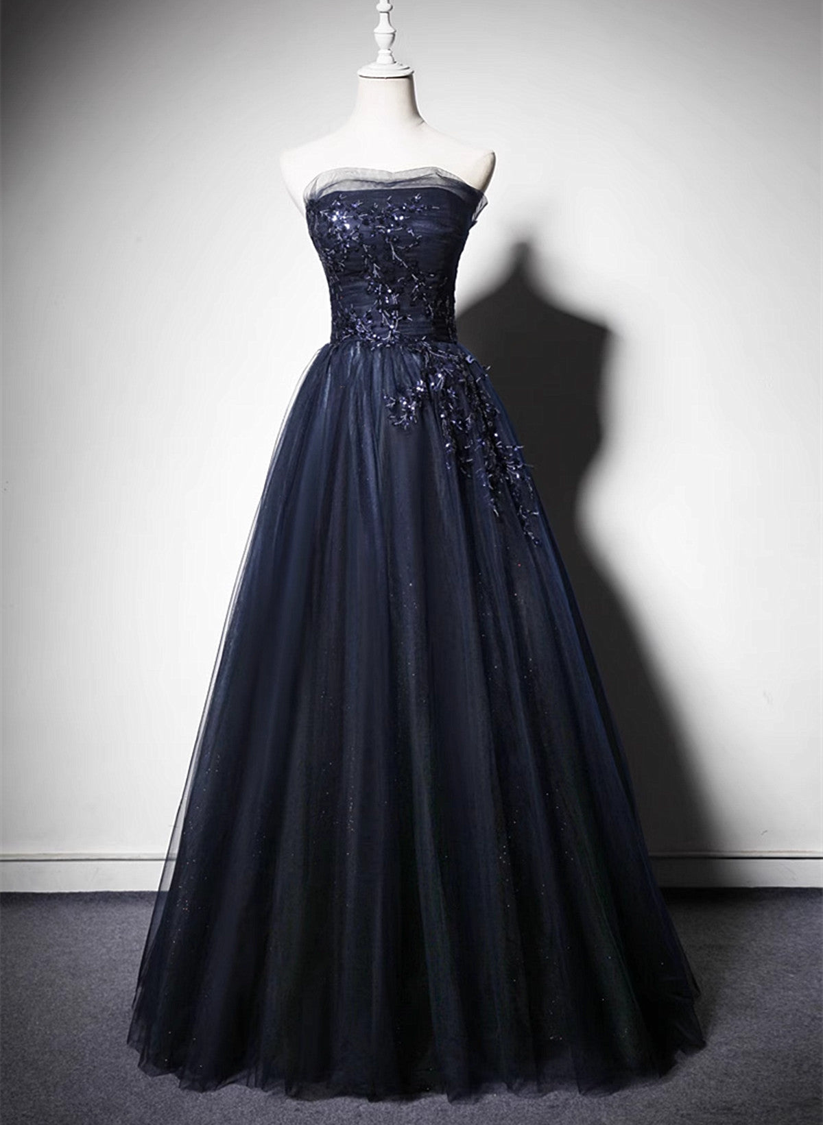 Navy Blue A-Line Tulle With Lace Scoop Long Formal Prom Dresses, Navy Blue Formal Evening Dresses Main image