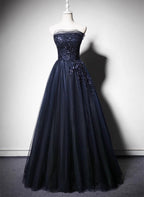 Navy Blue A-Line Tulle With Lace Scoop Long Formal Prom Dresses, Navy Blue Formal Evening Dresses