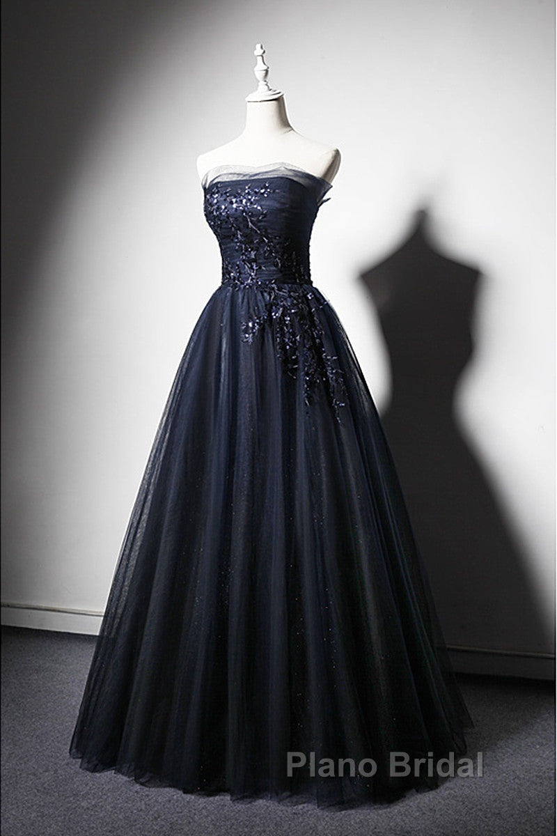 Navy Blue A-Line Tulle With Lace Scoop Long Formal Prom Dresses, Navy Blue Evening Dresses Secondary image