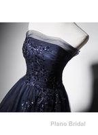 Navy Blue A-Line Tulle With Lace Scoop Long Formal Prom Dresses, Navy Blue Evening Dresses