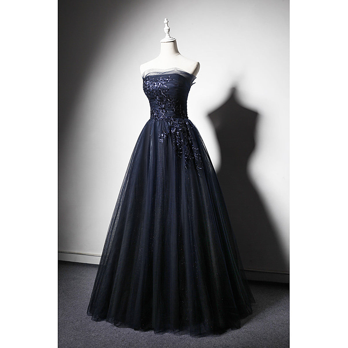 Navy Blue A-Line Tulle With Lace Scoop Long Formal Prom Dresses, Navy Blue Formal Evening Dresses Secondary image