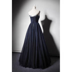 Navy Blue A-Line Tulle With Lace Scoop Long Formal Prom Dresses, Navy Blue Formal Evening Dresses