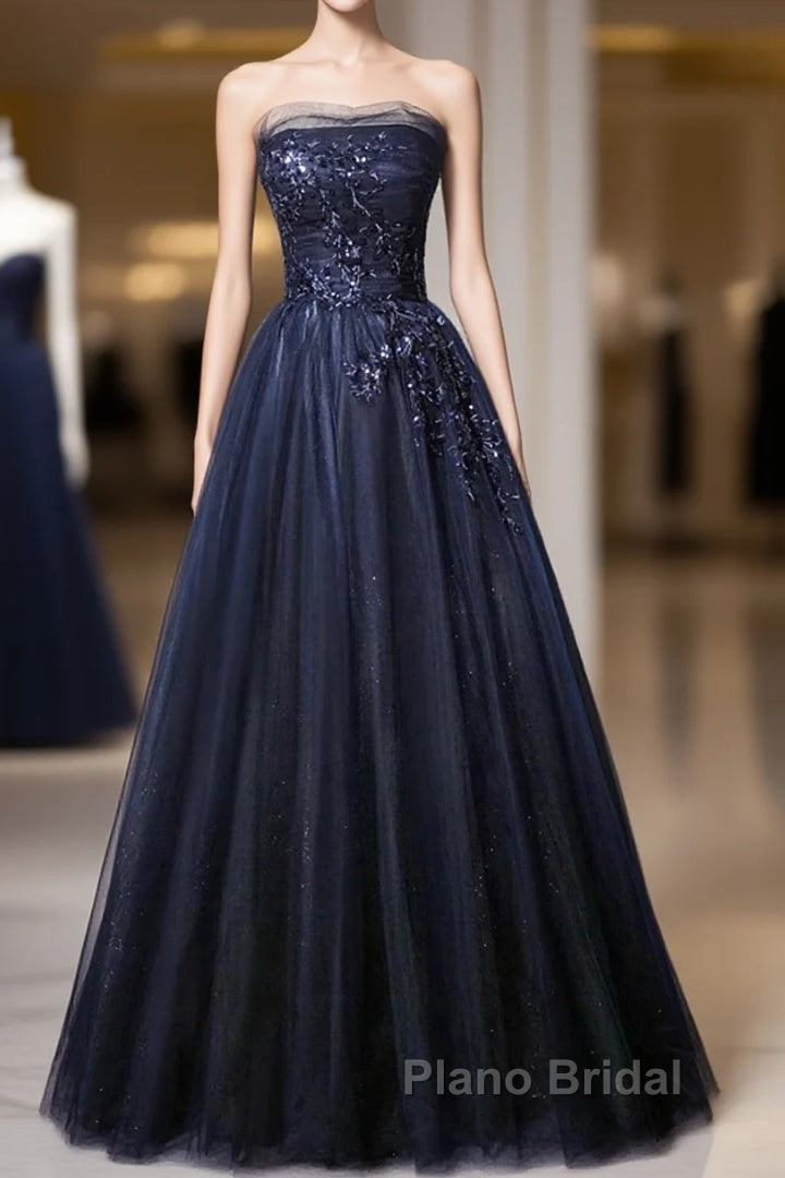 Navy Blue A-Line Tulle With Lace Scoop Long Formal Prom Dresses, Navy Blue Evening Dresses Main image