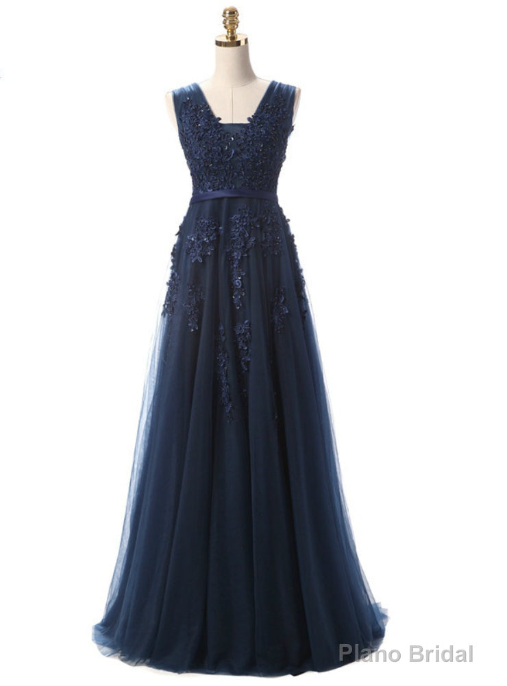 Navy Blue A-line V-neck Appliques Prom Dress Main image