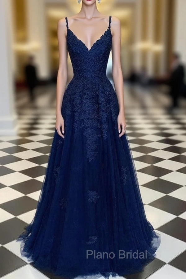 Navy Blue A-Line V-neck Floor-Length Chiffon Formal Prom Dresses With Lace Sequins Main image
