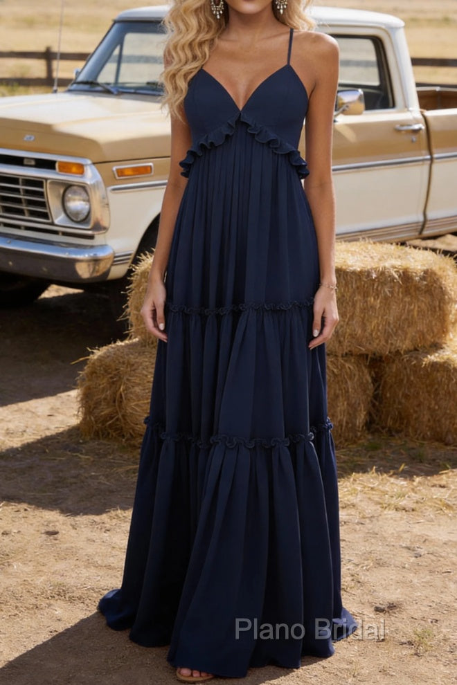Navy Blue A-line V Neck Sleeveless Floor-Length Chiffon Prom Dress Long Prom Dresses Backless with Pleated Ruffles Secondary image