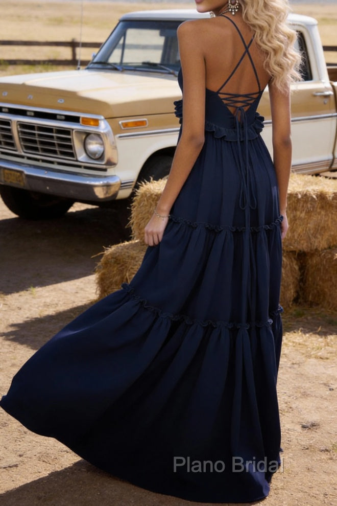 Navy Blue A-line V Neck Sleeveless Floor-Length Chiffon Prom Dress Long Prom Dresses Backless with Pleated Ruffles