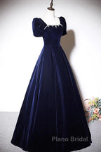 Navy Blue A-Line Velvet Long Evening Dresses, Short Sleeves Beaded Formal Prom Dresses