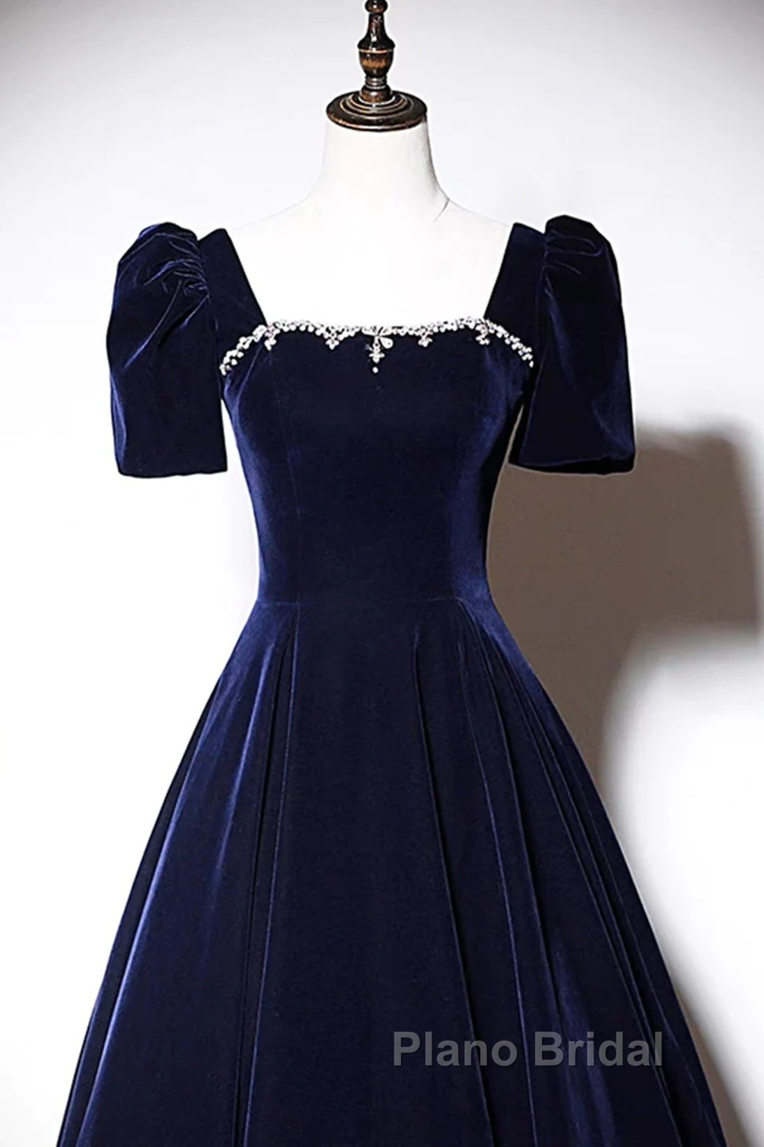 Navy Blue A-Line Velvet Long Evening Dresses, Short Sleeves Beaded Formal Prom Dresses