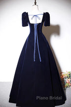 Navy Blue A-Line Velvet Long Evening Dresses, Short Sleeves Beaded Formal Prom Dresses