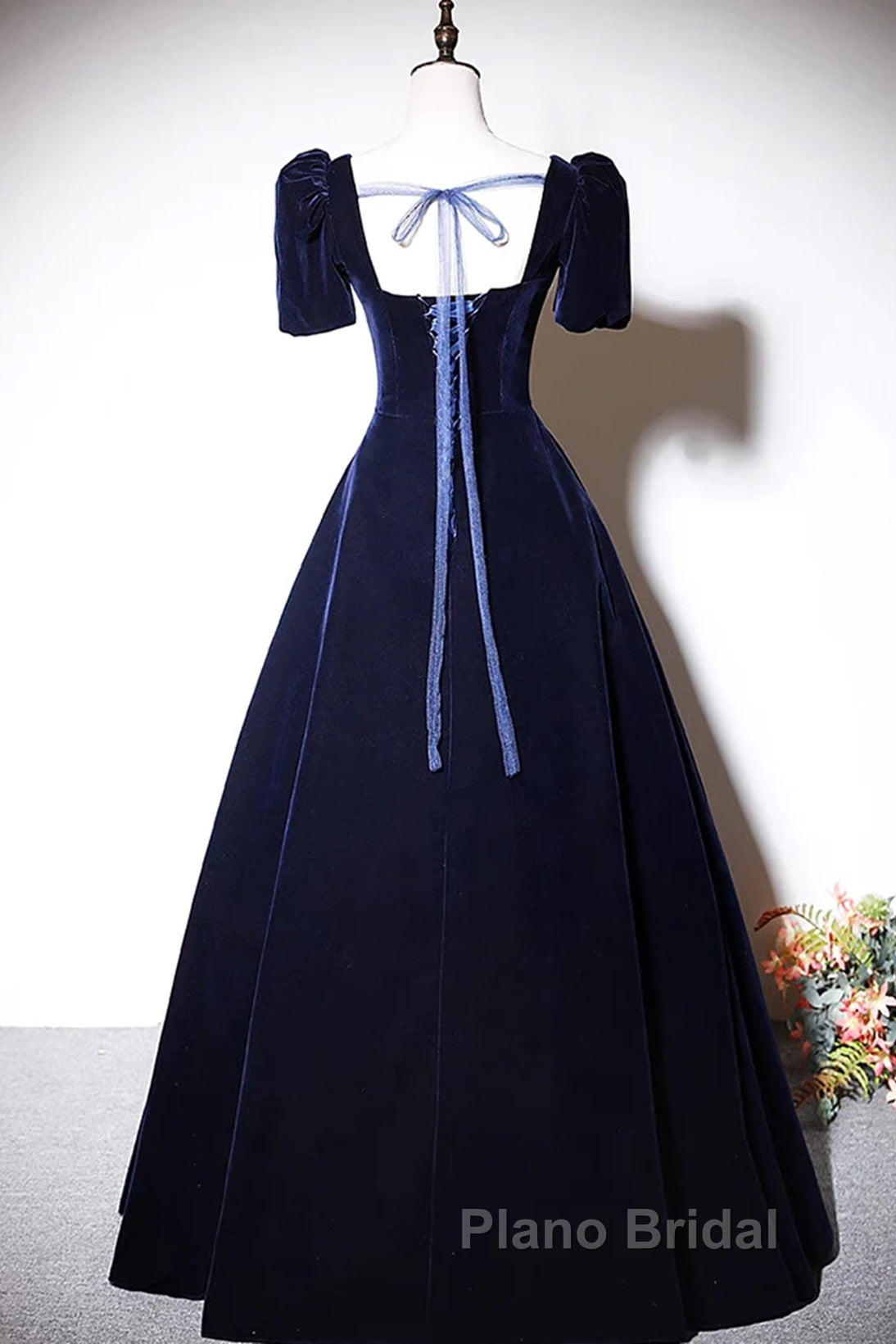 Navy Blue A-Line Velvet Long Evening Dresses, Short Sleeves Beaded Formal Prom Dresses