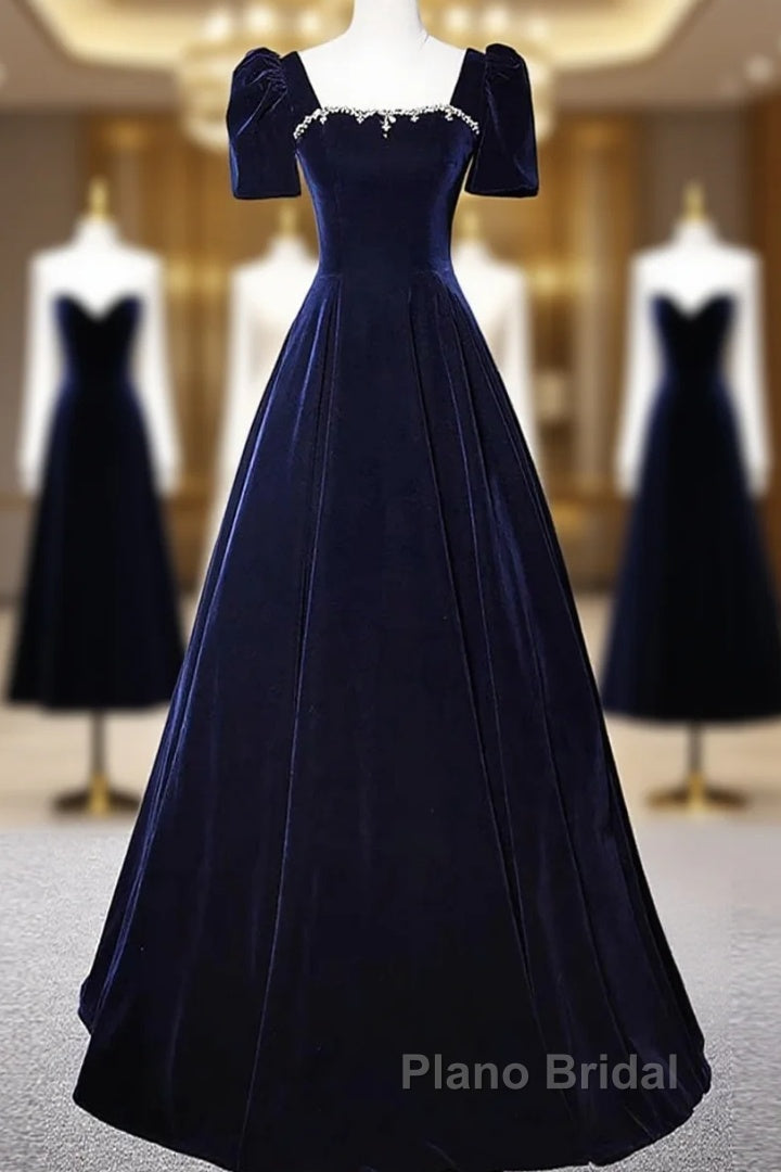 Navy Blue A-Line Velvet Long Evening Dresses, Short Sleeves Beaded Formal Prom Dresses Main image