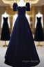 Navy Blue A-Line Velvet Long Evening Dresses, Short Sleeves Beaded Formal Prom Dresses