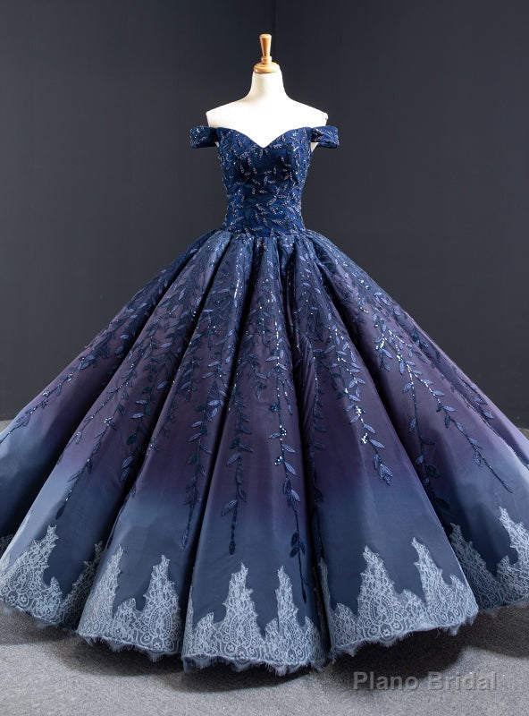Navy Blue Ball Gown Leaf Appliques Beading Prom Dress Main image