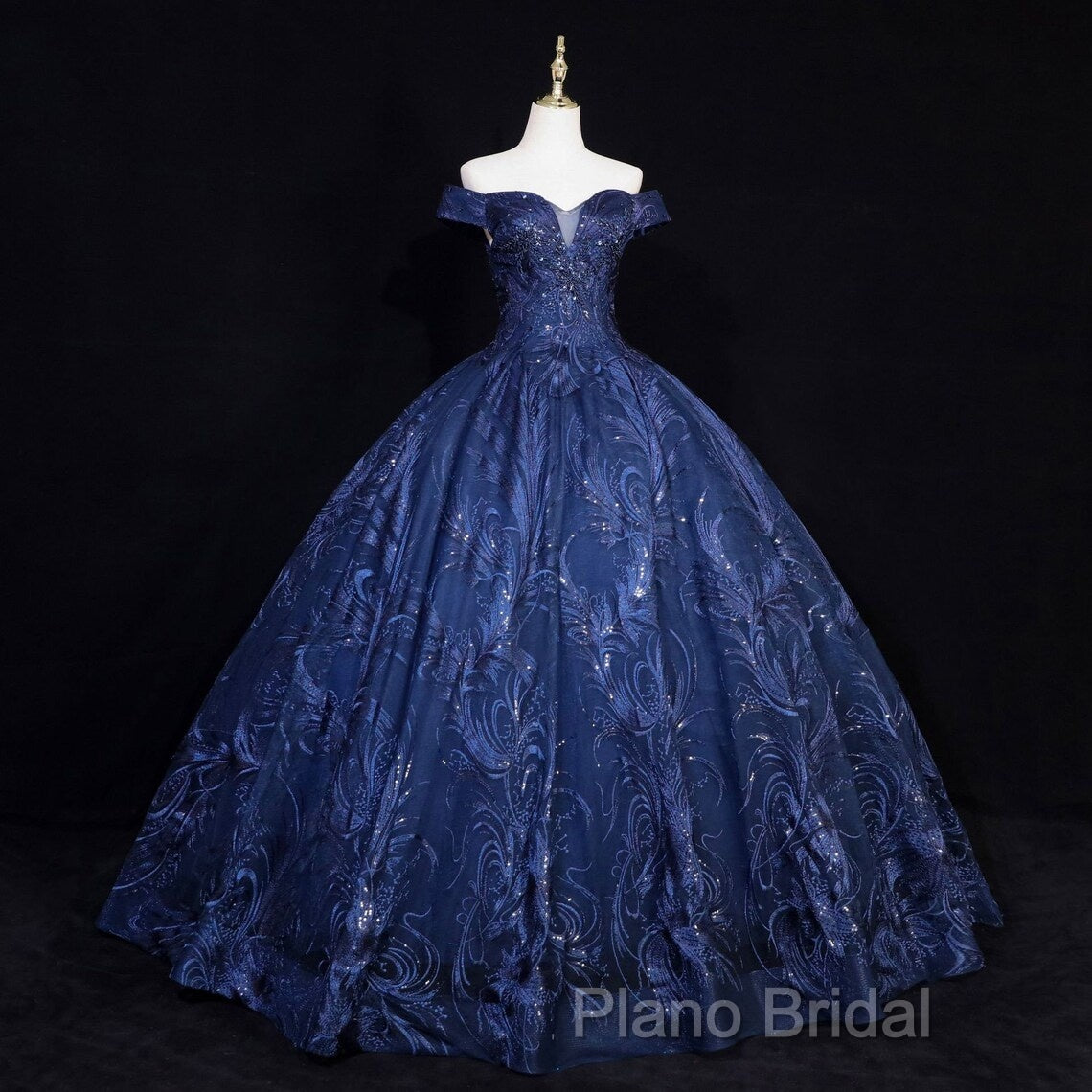 Navy Blue Ball Gown Long Formal Dresses, Off Shoulder Navy Blue Party Dresses Secondary image