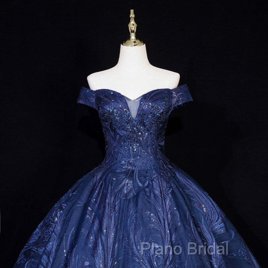 Navy Blue Ball Gown Long Formal Dresses, Off Shoulder Navy Blue Party Dresses