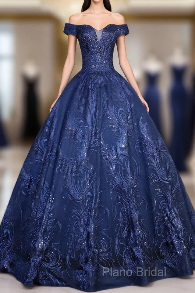 Navy Blue Ball Gown Long Formal Dresses, Off Shoulder Navy Blue Party Dresses Main image