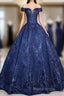 Navy Blue Ball Gown Long Formal Dresses, Off Shoulder Navy Blue Party Dresses