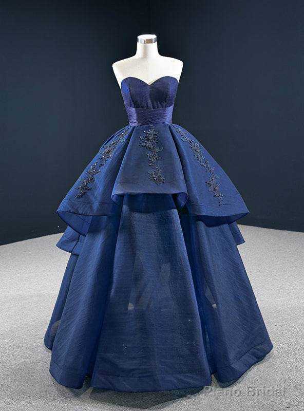 Navy Blue Ball Gown Tulle Sweetheart Appliques Beading Prom Dress Main image