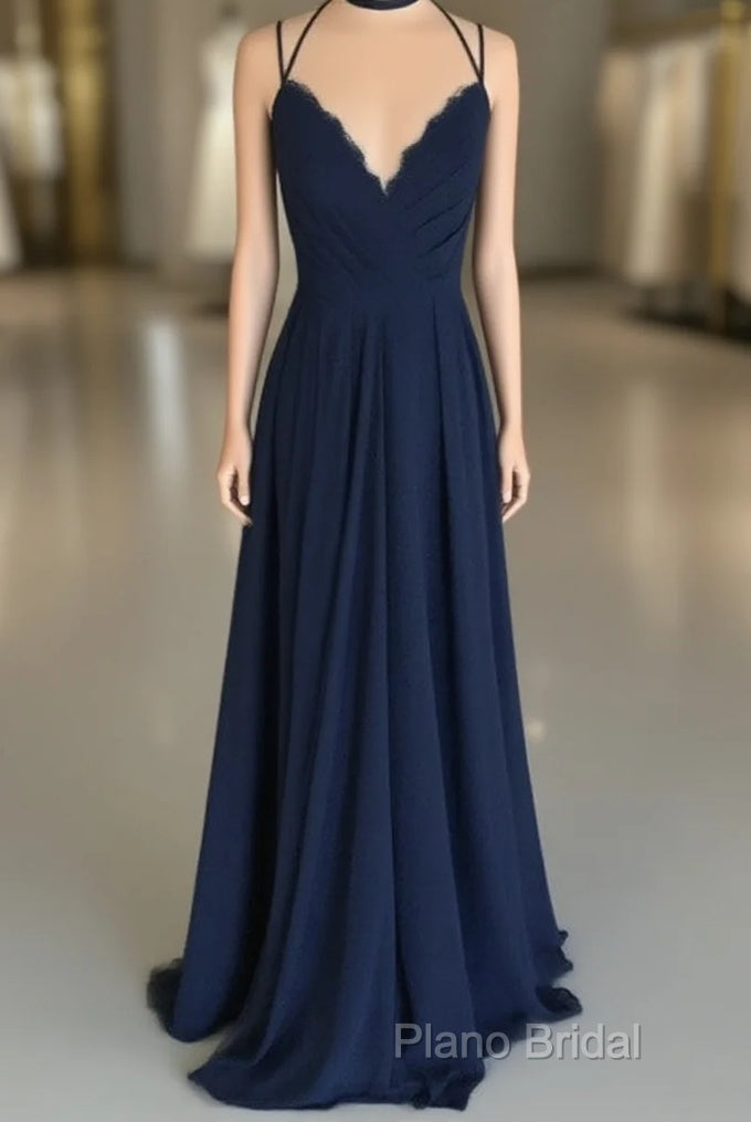 Navy Blue Chiffon Backless Bridesmaid Long Dresses Lace Appliques Main image