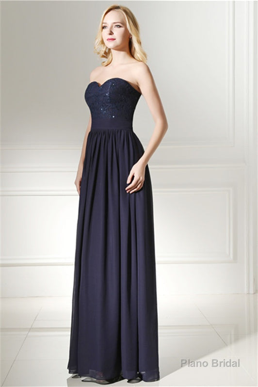 Navy Blue Chiffon Sweetheart Lace Beading Prom Dresses