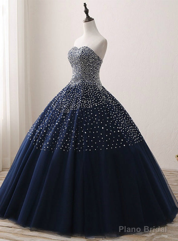 Navy Blue Crystals Tulle Beaded Sweetheart Ball Gown Quinceanera Dresses Main image