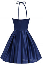 Navy Blue Cute Halter Satin Short Homecoming Dresses, Blue Formal Prom Dresses Party Dresses