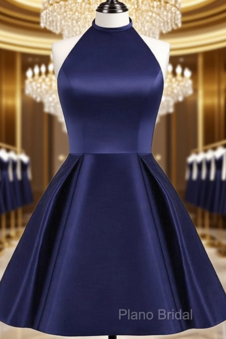Navy Blue Cute Halter Satin Short Homecoming Dresses, Blue Formal Prom Dresses Party Dresses Main image
