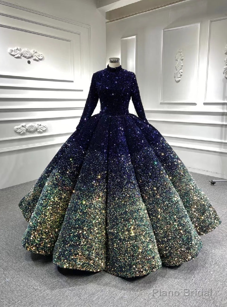 Navy Blue Green Sequins Long Sleeve Prom Dress Main image