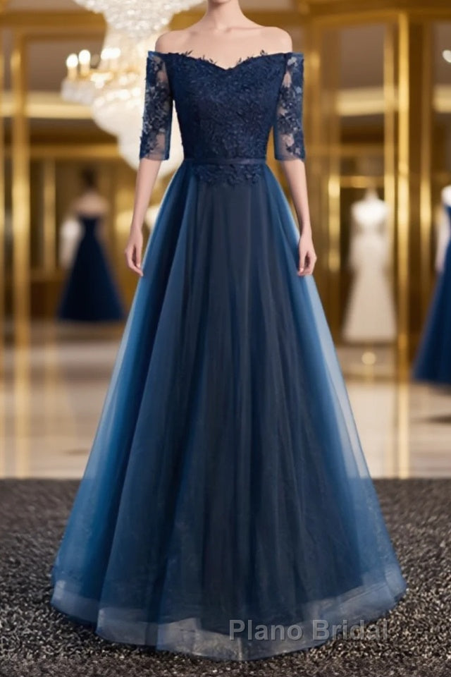 Navy Blue Half Sleeves Lace Long Formal Prom Dresses, Navy Blue Lace Formal Dresses Main image