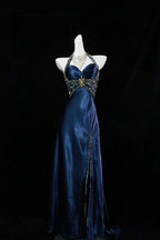 Navy Blue Halter Beaded Formal Prom Dresses Long Formal Evening Dresses