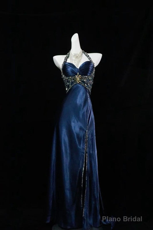 Navy Blue Halter Beaded Prom Dress Long Evening Dress Secondary image