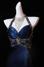 Navy Blue Halter Beaded Formal Prom Dresses Long Formal Evening Dresses