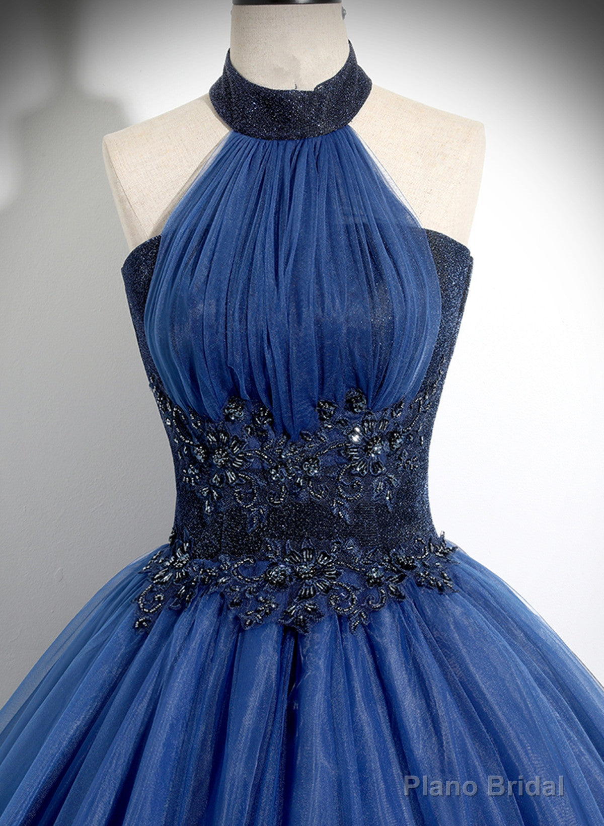 Navy Blue High Neckline Tulle Long Formal Dress, Navy Blue Ball Gown Party Dress Secondary image