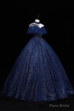 Navy Blue High Neckline Tulle with Lace Formal Dress, Navy Blue Ball Gown Sweet 16 Dress